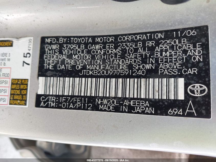 2007 Toyota Prius VIN: JTDKB20U977591240 Lot: 43277278