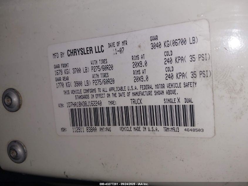 2008 Dodge Ram 1500 Slt VIN: 1D7HA18N38J162240 Lot: 43277281