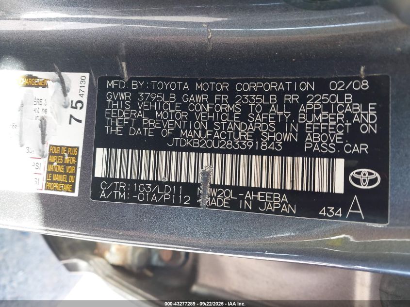 2008 Toyota Prius VIN: JTDKB20U283391843 Lot: 43277289