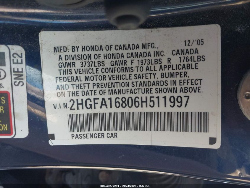 2006 Honda Civic Ex VIN: 2HGFA16806H511997 Lot: 43277291