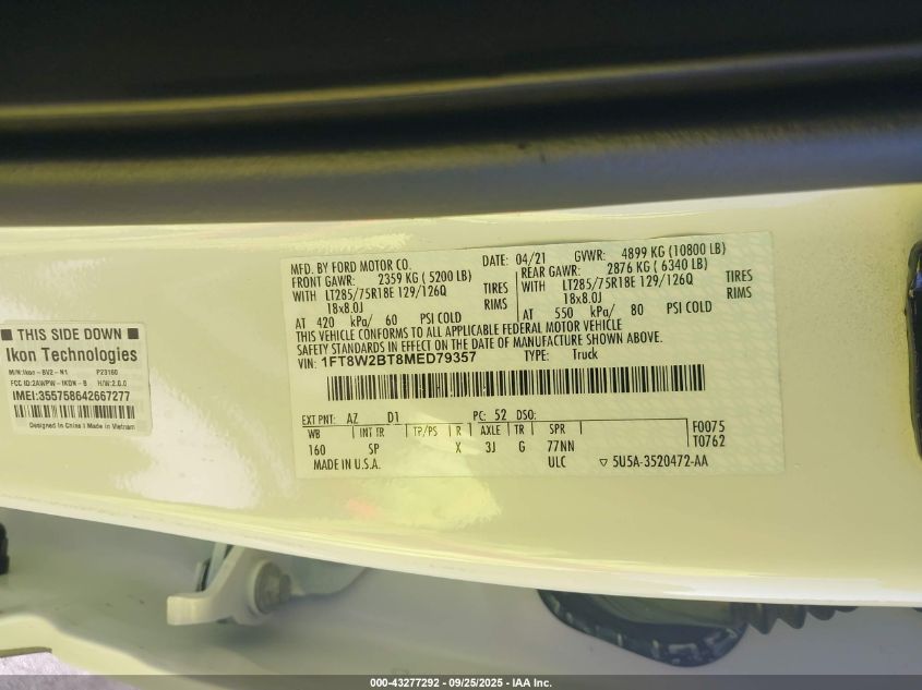 2021 Ford F-250 King Ranch VIN: 1FT8W2BT8MED79357 Lot: 43277292