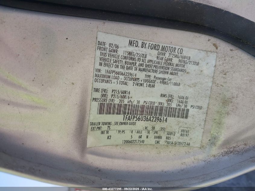 2006 Ford Taurus Sel VIN: 1FAFP56U36A239614 Lot: 43277295