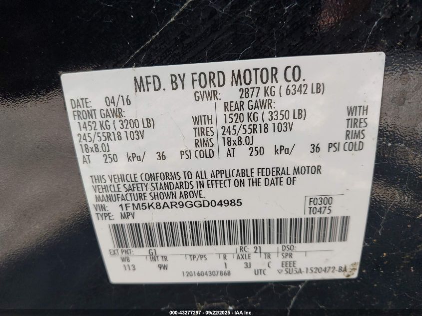 2016 Ford Police Interceptor VIN: 1FM5K8AR9GGD04985 Lot: 43277297