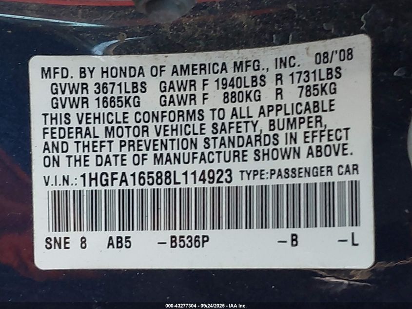 2008 Honda Civic Lx VIN: 1HGFA16588L114923 Lot: 43277304