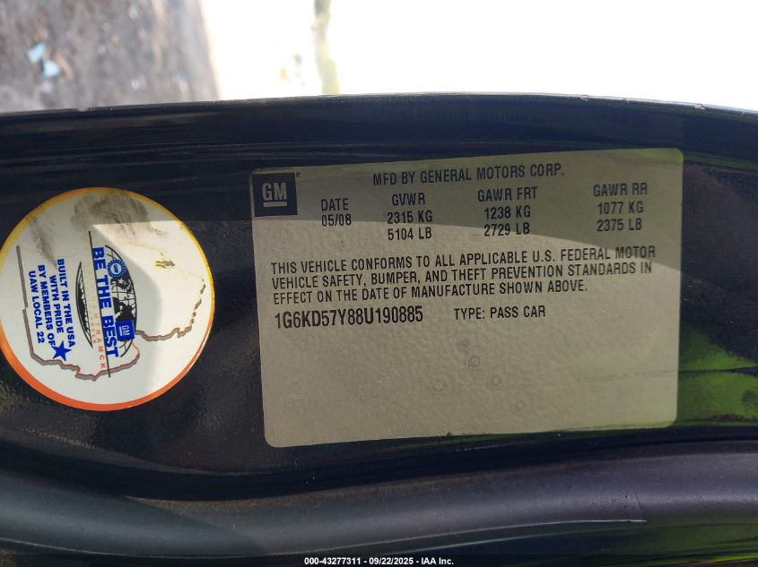 2008 Cadillac Dts 1Sd VIN: 1G6KD57Y88U190885 Lot: 43277311