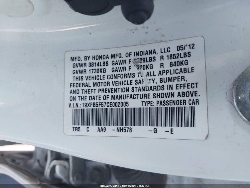 2012 Honda Civic Natural Gas VIN: 19XFB5F57CE002005 Lot: 43277319