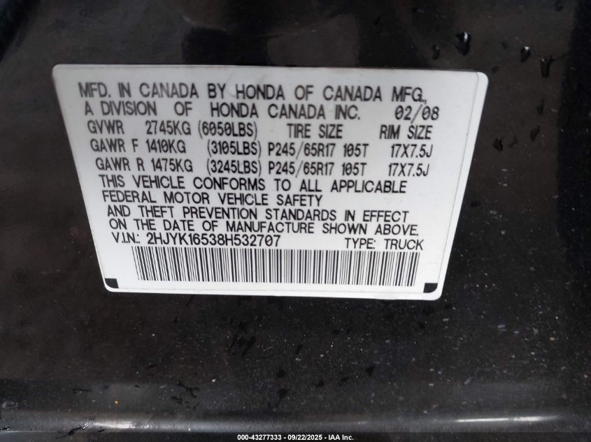 2008 Honda Ridgeline Rtl VIN: 2HJYK16538H532707 Lot: 43277333