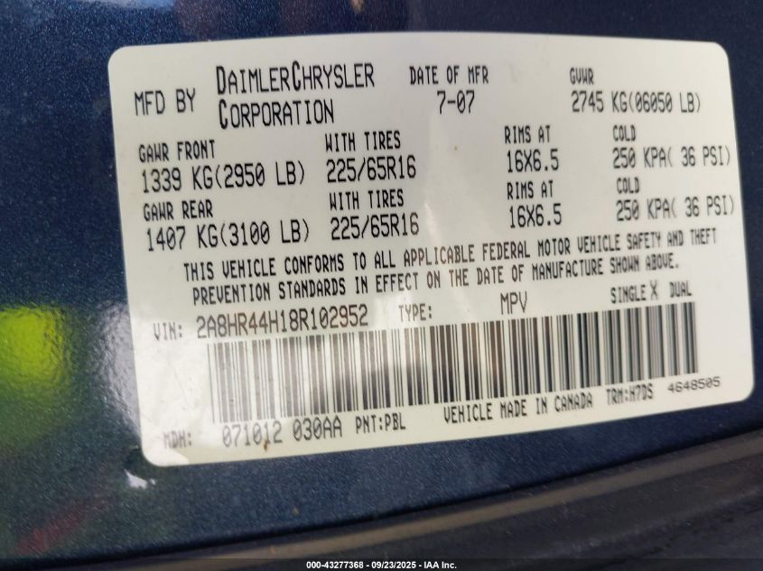 2008 Chrysler Town & Country Lx VIN: 2A8HR44H18R102952 Lot: 43277368