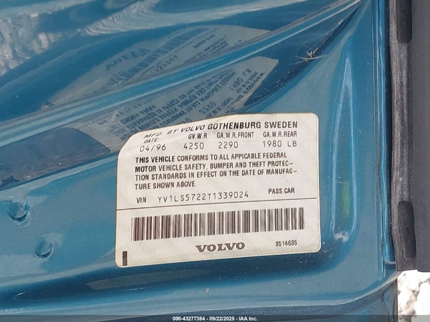 1996 Volvo 850 VIN: YV1LS5722T1339024 Lot: 43277384