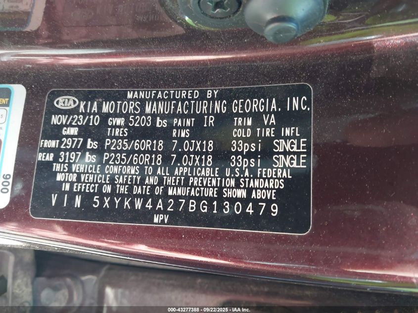 2011 Kia Sorento Sx V6 VIN: 5XYKW4A27BG130479 Lot: 43277388