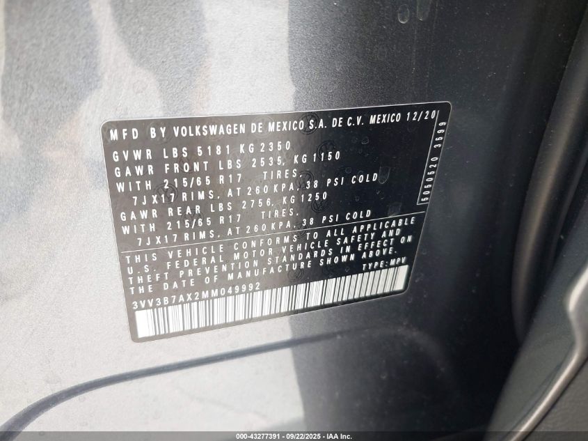 2021 Volkswagen Tiguan 2.0T Se/2.0T Se R-Line Black/2.0T Sel VIN: 3VV3B7AX2MM049992 Lot: 43277391