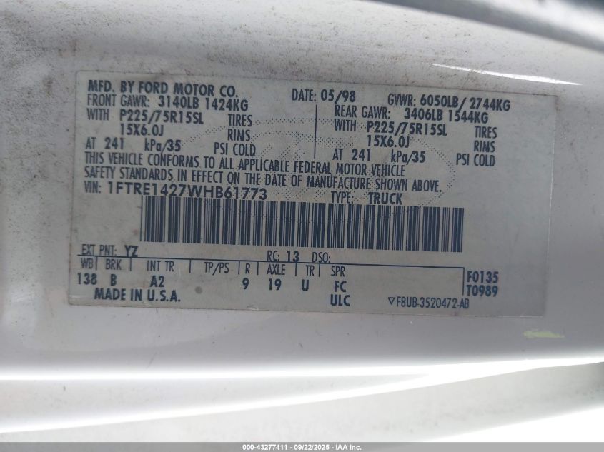 1998 Ford Econoline Commercial/Recreational VIN: 1FTRE1427WHB61773 Lot: 43277411