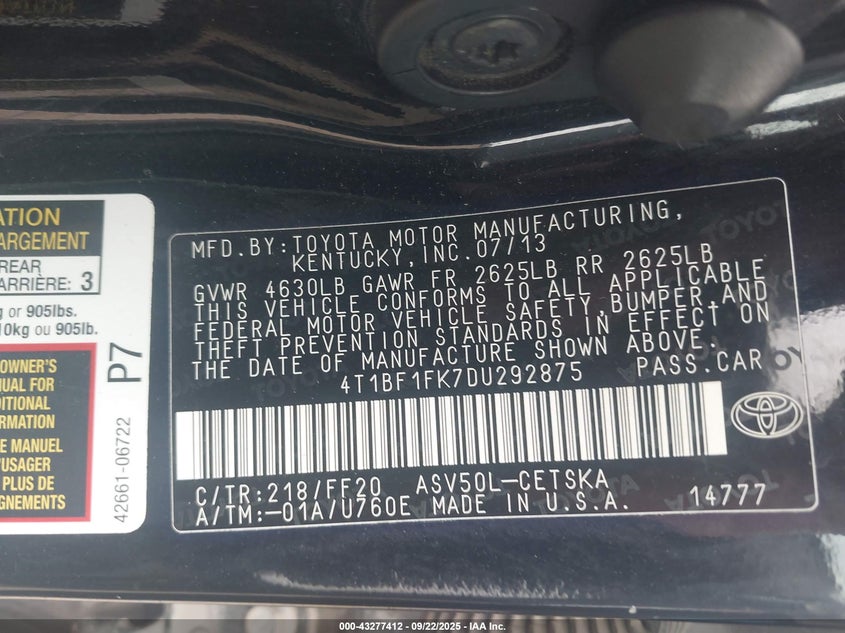 2013 Toyota Camry Se VIN: 4T1BF1FK7DU292875 Lot: 43277412