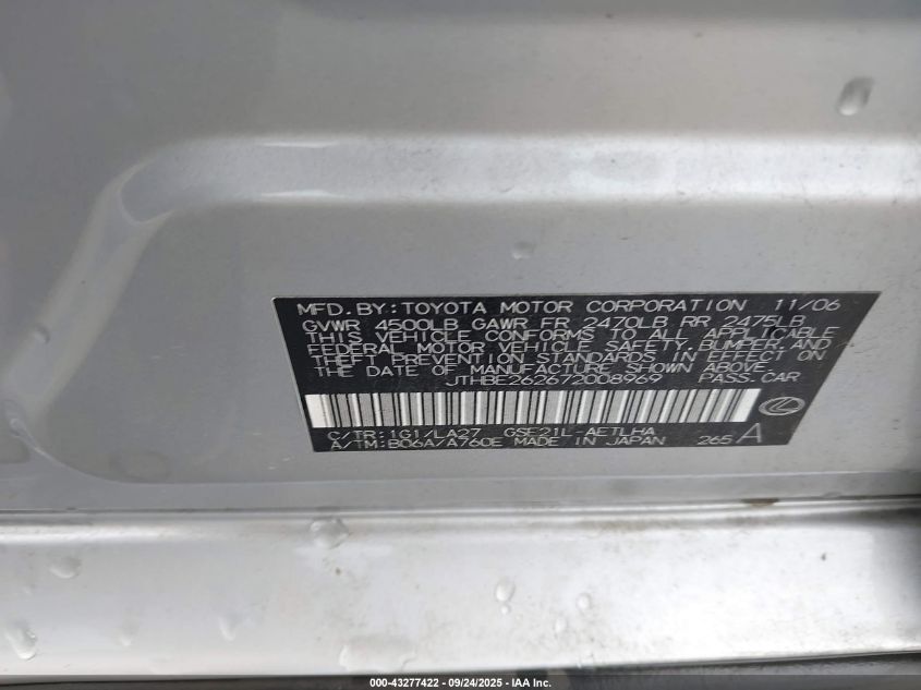 2007 Lexus Is 350 VIN: JTHBE262672008969 Lot: 43277422