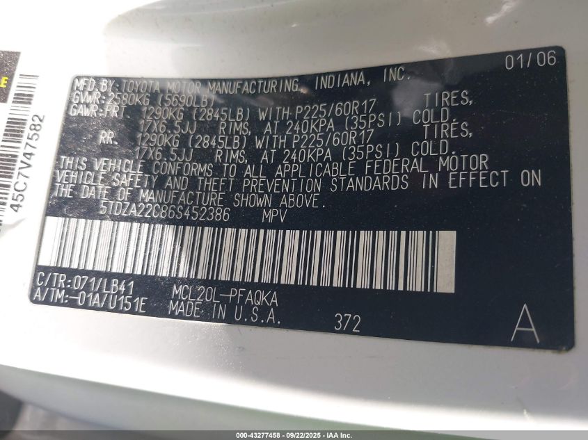 2006 Toyota Sienna Xle VIN: 5TDZA22C86S452386 Lot: 43277458