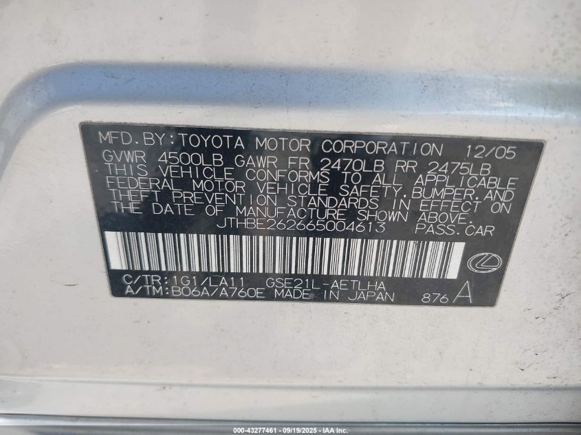 2006 Lexus Is 350 VIN: JTHBE262665004613 Lot: 43277461