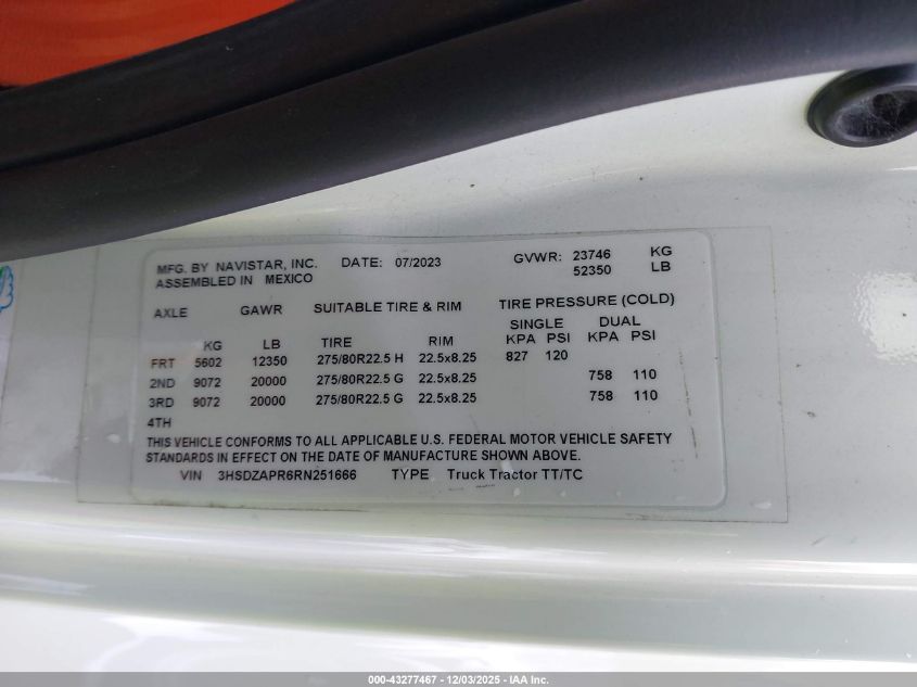 2024 International Lt VIN: 3HSDZAPR6RN251666 Lot: 43277467