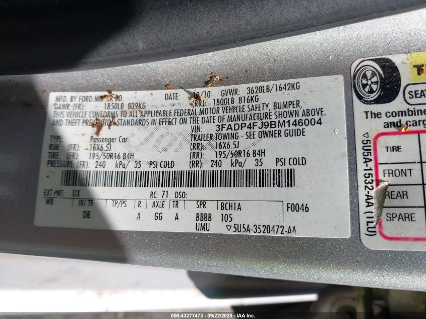 2011 Ford Fiesta Ses VIN: 3FADP4FJ9BM146004 Lot: 43277473