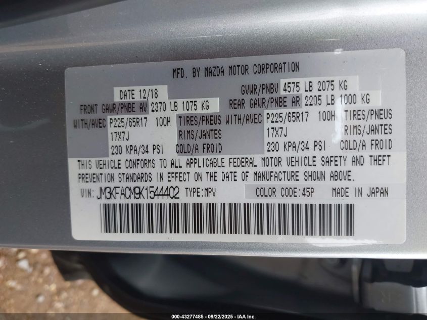 2019 Mazda Cx-5 Touring VIN: JM3KFACM9K1544402 Lot: 43277485