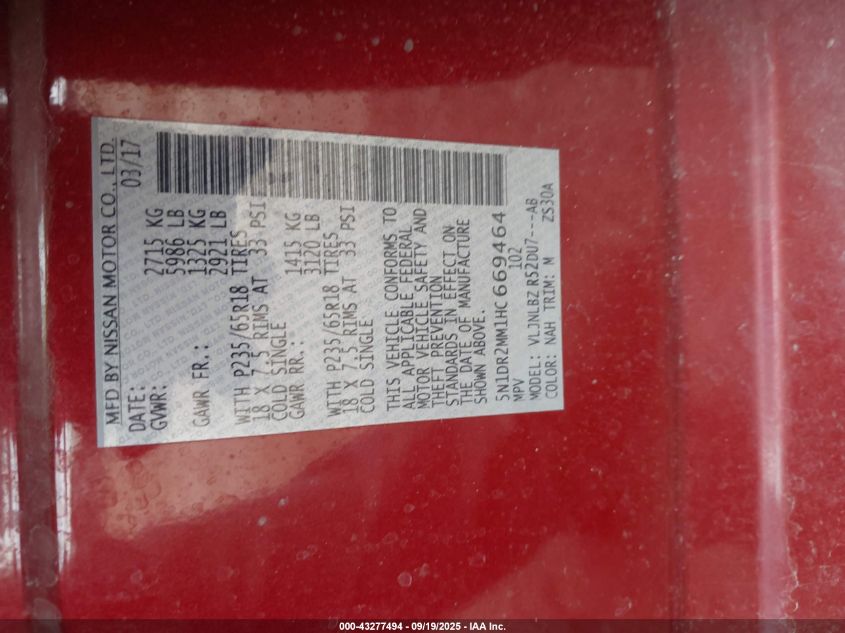 2017 Nissan Pathfinder S VIN: 5N1DR2MM1HC669464 Lot: 43277494