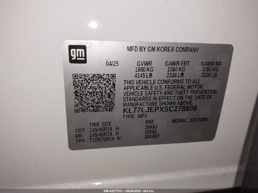 2025 Chevrolet Trax Fwd 2Rs VIN: KL77LJEPXSC278808 Lot: 43277511