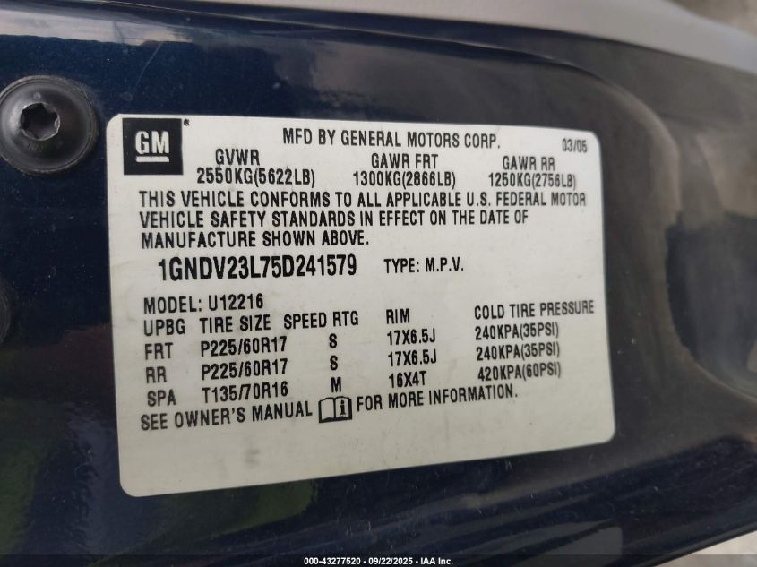 2005 Chevrolet Uplander Ls VIN: 1GNDV23L75D241579 Lot: 43277520