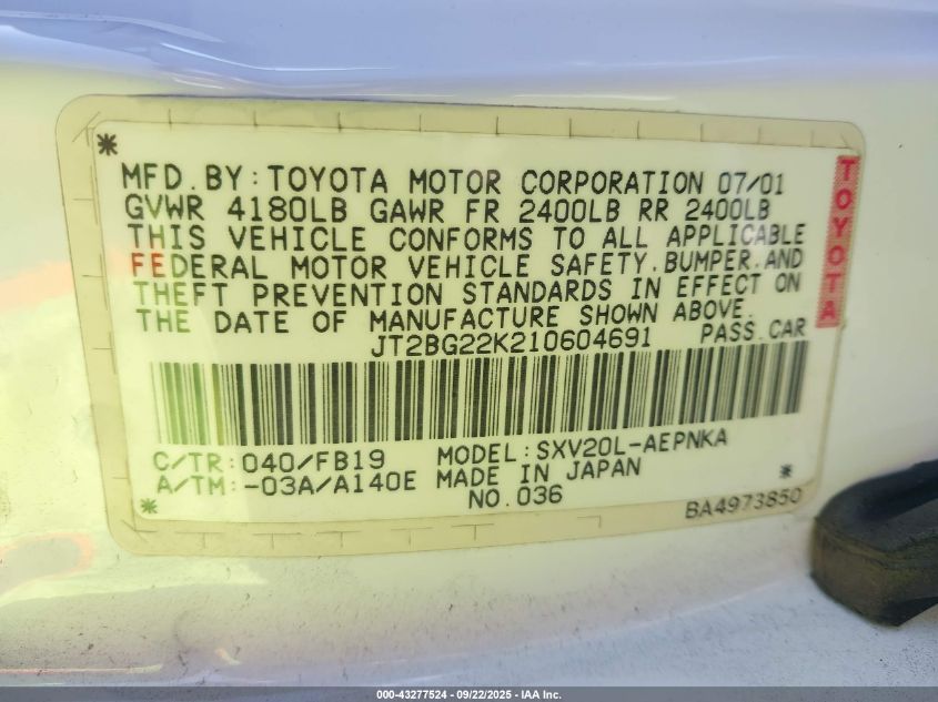 2001 Toyota Camry Le VIN: JT2BG22K210604691 Lot: 43277524