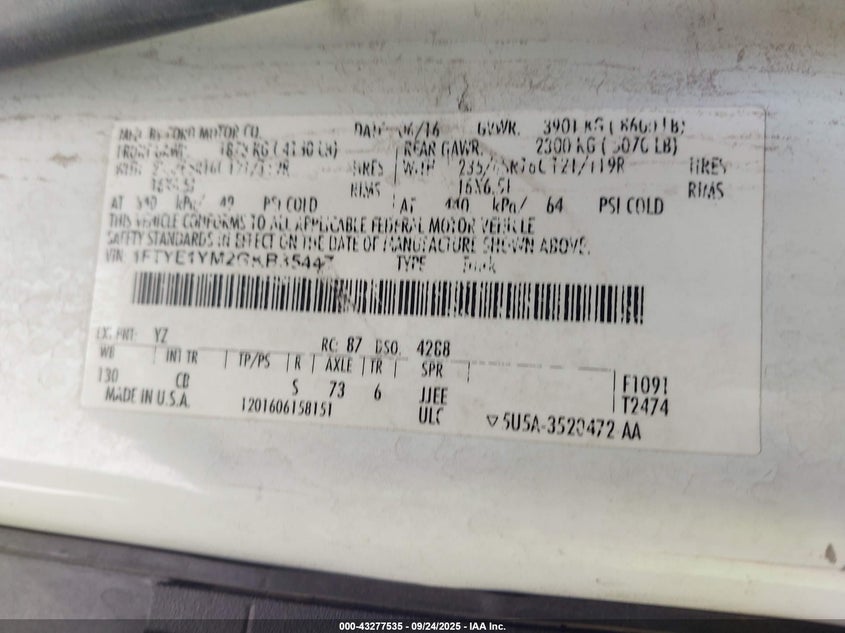 2016 Ford Transit-150 VIN: 1FTYE1YM2GKB35447 Lot: 43277535