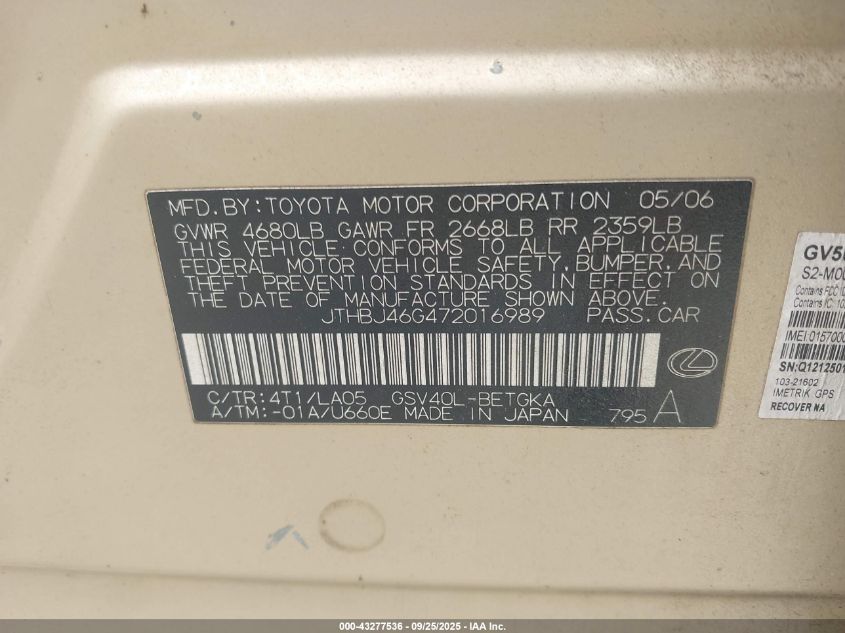 2007 Lexus Es 350 VIN: JTHBJ46G472016989 Lot: 43277536