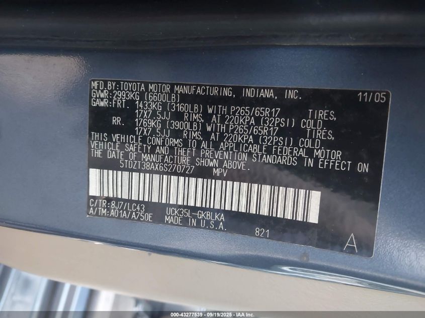 2006 Toyota Sequoia Limited V8 VIN: 5TDZT38AX6S270727 Lot: 43277539