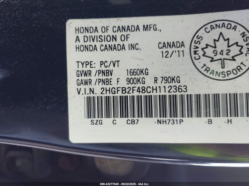 2012 Honda Civic Lx VIN: 2HGFB2F48CH112363 Lot: 43277549