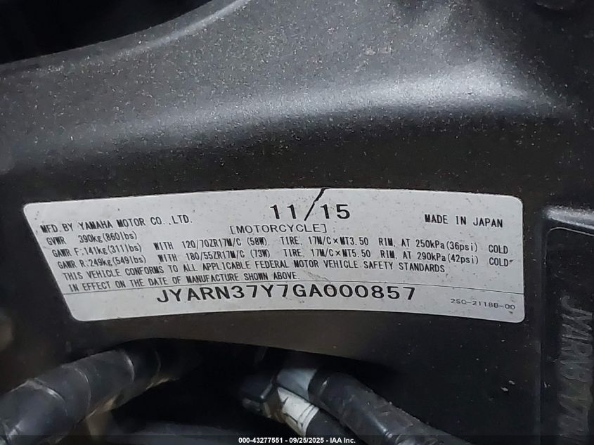 2016 Yamaha Fj09 C VIN: JYARN37Y7GA000857 Lot: 43277551