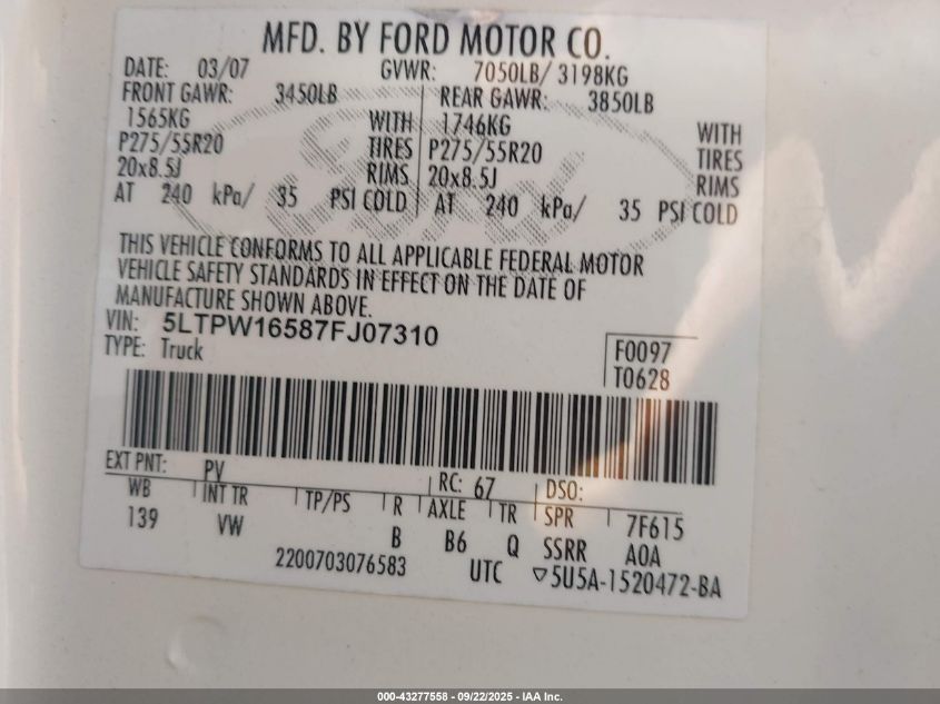 2007 Lincoln Mark Lt VIN: 5LTPW16587FJ07310 Lot: 43277558