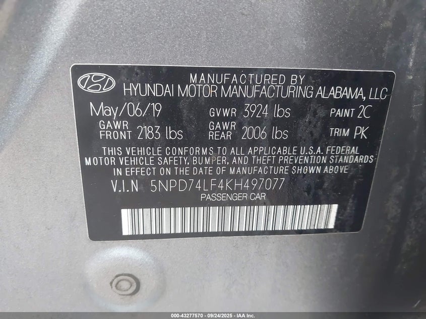 2019 HYUNDAI ELANTRA SE - 5NPD74LF4KH497077