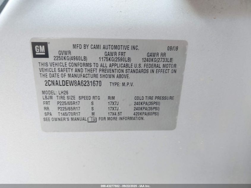 2010 Chevrolet Equinox Lt VIN: 2CNALDEW8A6231670 Lot: 43277582