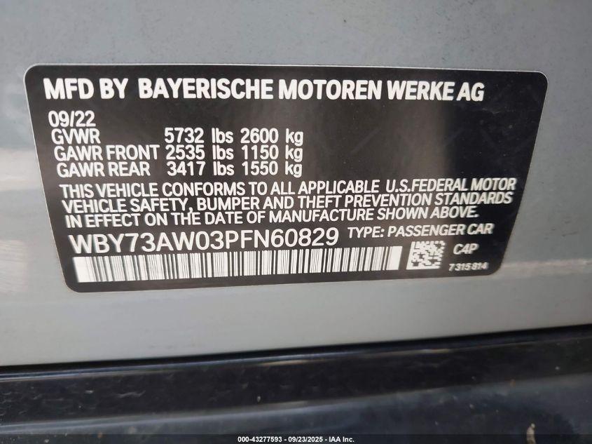 2023 BMW I4 Edrive40 VIN: WBY73AW03PFN60829 Lot: 43277593