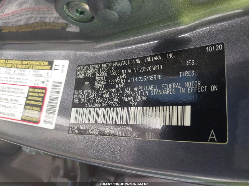 2021 Toyota Highlander L VIN: 5TDCZRBH1MS065291 Lot: 43277596