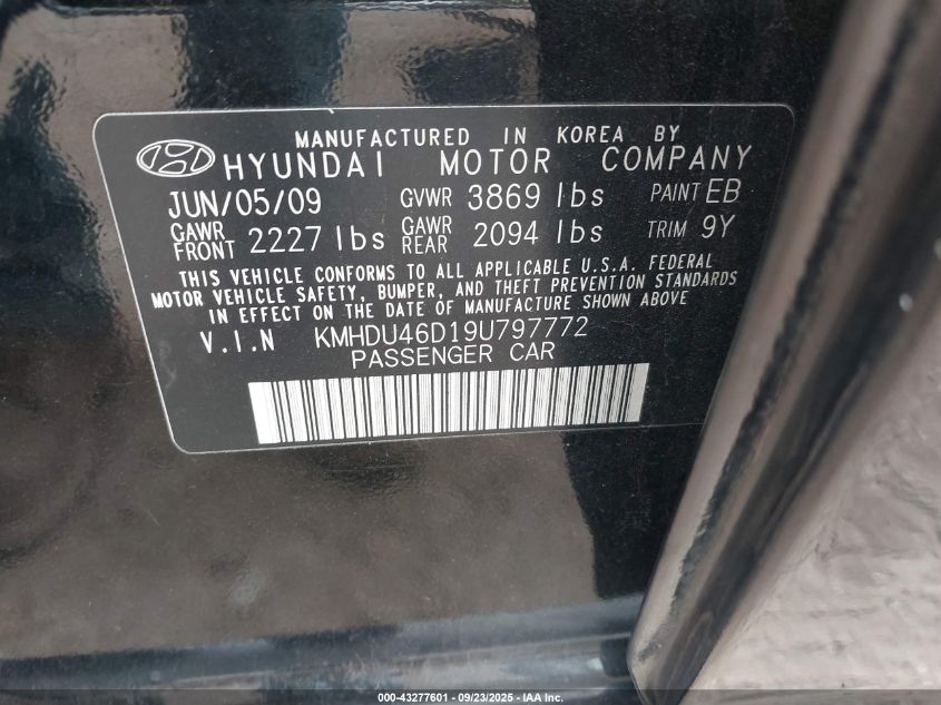 2009 Hyundai Elantra Gls VIN: KMHDU46D19U797772 Lot: 43277601