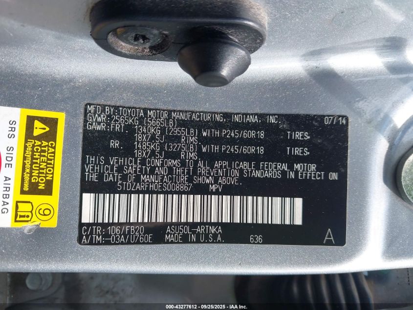 2014 Toyota Highlander Le VIN: 5TDZARFH0ES008867 Lot: 43277612