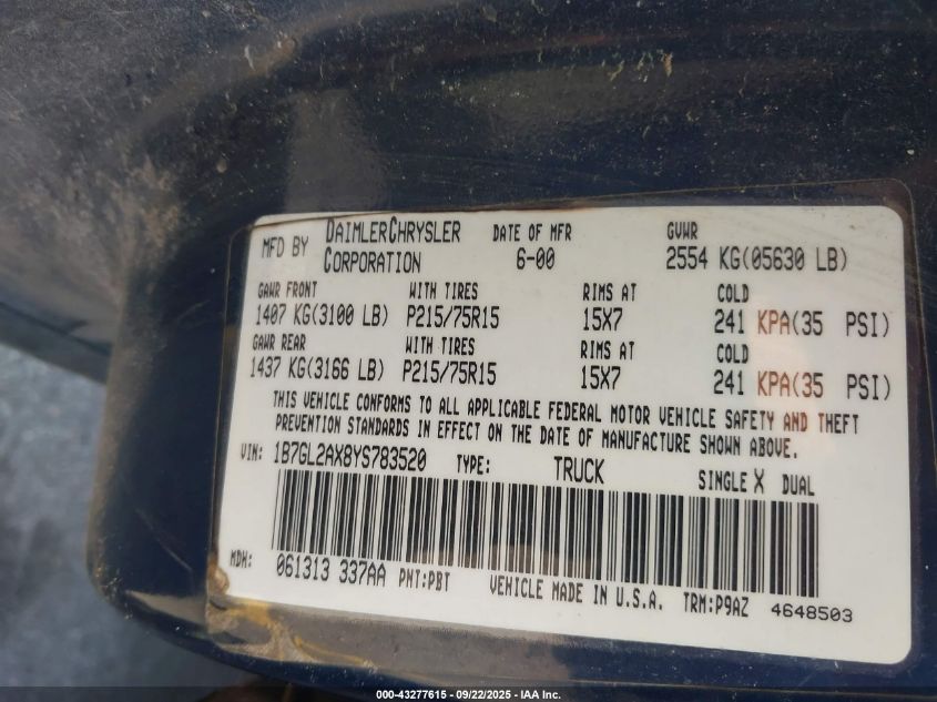 2000 Dodge Dakota Slt/Sport VIN: 1B7GL2AX8YS783520 Lot: 43277615