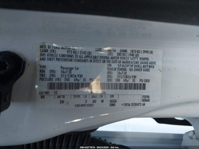 2014 Ford Focus Se VIN: 1FADP3F20EL407402 Lot: 43277618