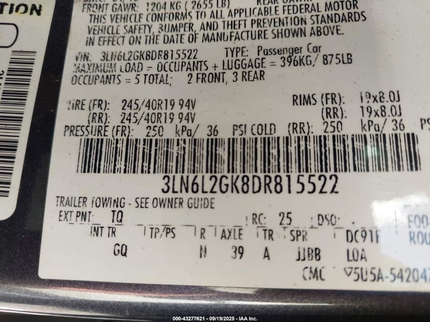 2013 Lincoln Mkz VIN: 3LN6L2GK8DR815522 Lot: 43277621