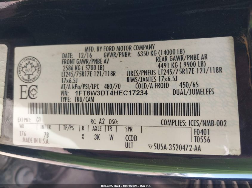 2017 Ford F-350 Platinum VIN: 1FT8W3DT4HEC17234 Lot: 43277624