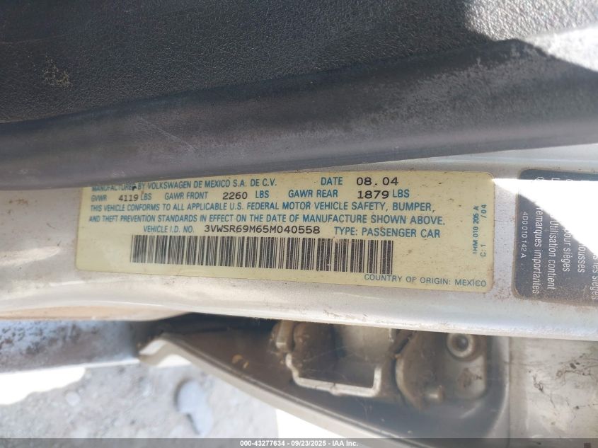2005 Volkswagen Jetta Gls Tdi VIN: 3VWSR69M65M040558 Lot: 43277634