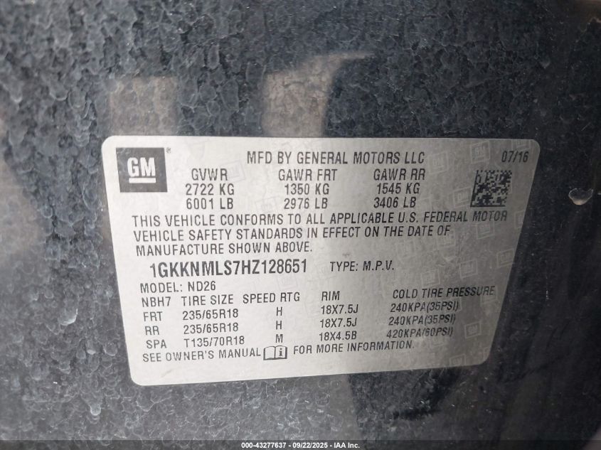 2017 GMC Acadia Slt-1 VIN: 1GKKNMLS7HZ128651 Lot: 43277637