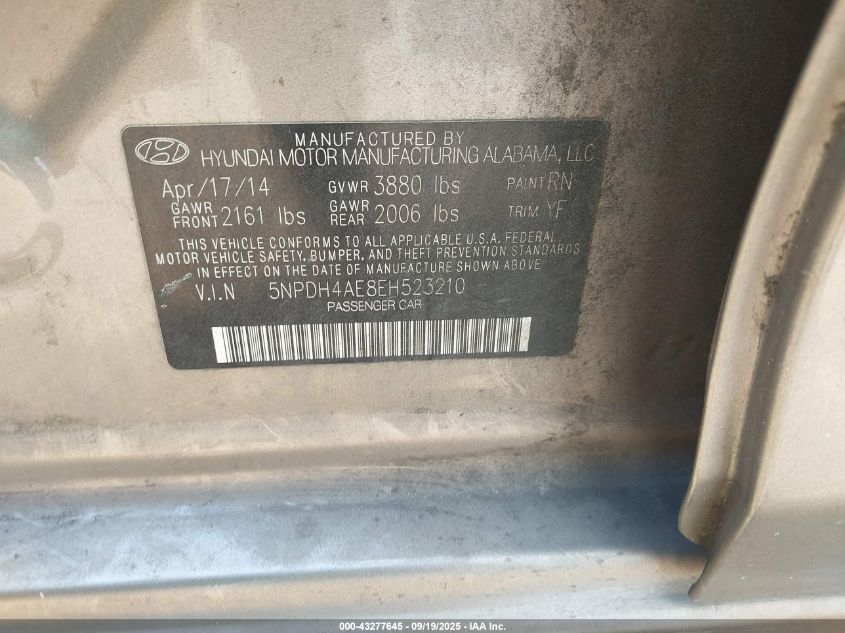 2014 Hyundai Elantra Se VIN: 5NPDH4AE8EH523210 Lot: 43277645