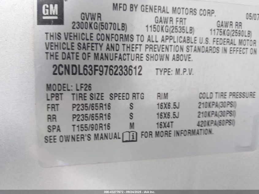 2007 Chevrolet Equinox Lt VIN: 2CNDL63F976233612 Lot: 43277672