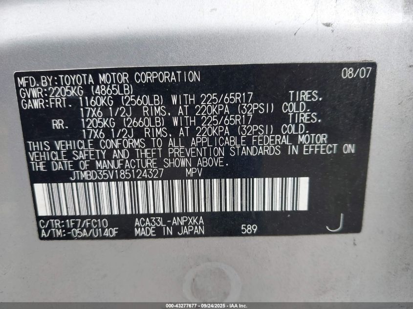 2008 Toyota Rav4 VIN: JTMBD35V185124327 Lot: 43277677