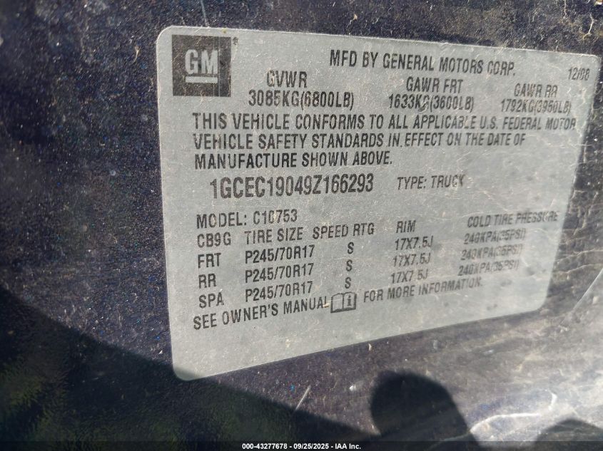 2009 Chevrolet Silverado 1500 Work Truck VIN: 1GCEC19049Z166293 Lot: 43277678