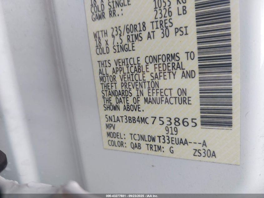 2021 Nissan Rogue Sv Intelligent Awd VIN: 5N1AT3BB4MC753865 Lot: 43277681